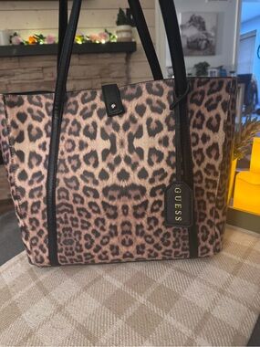 GUESS Pink Leopard-Print Tote with Black Trim